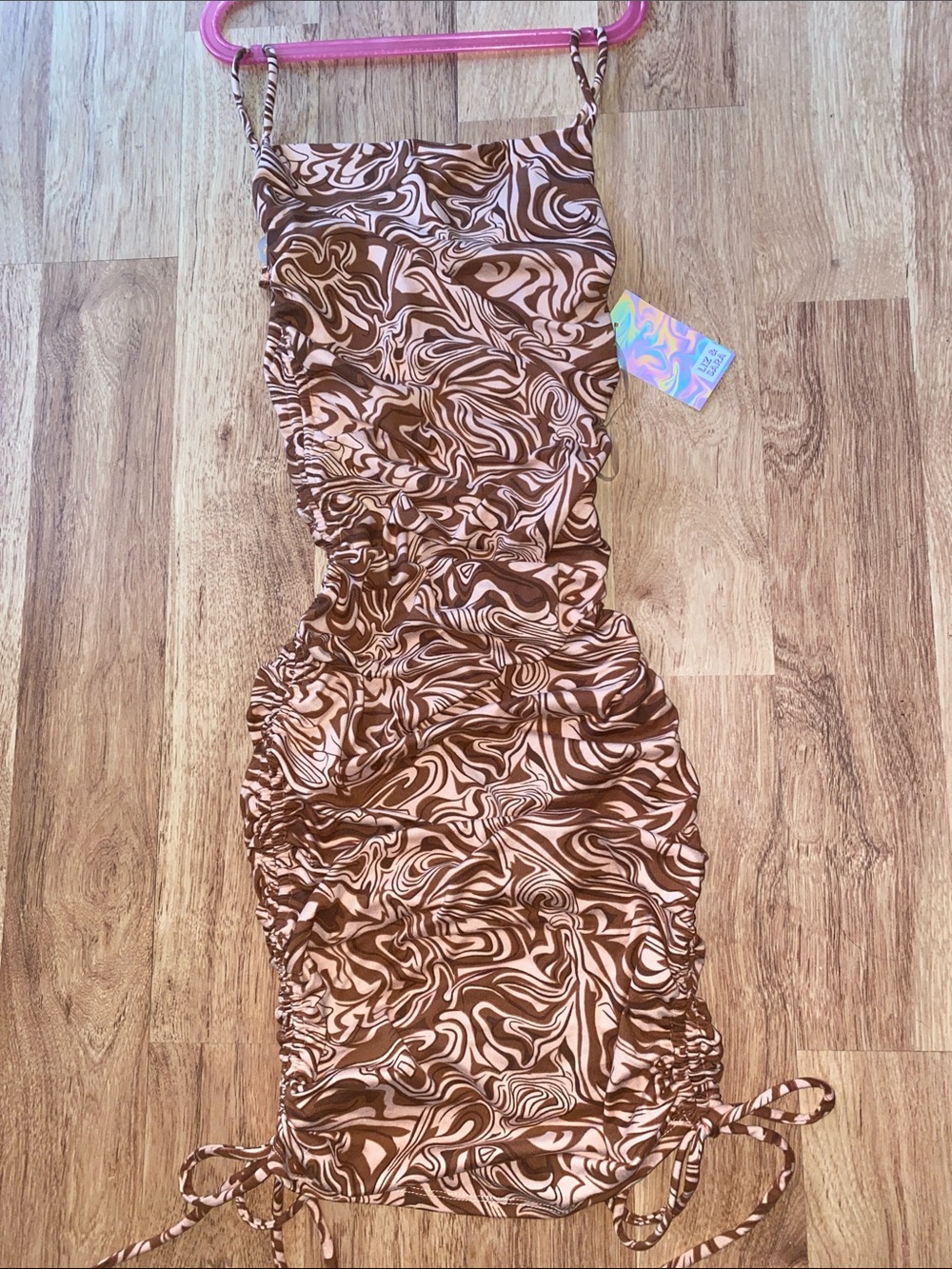 Brown Swirl Midi Dress with Adjustable Ruched Sides